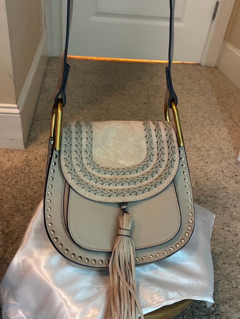 Source Unknown Beige Satchel with Braided Flap and Gold Accents